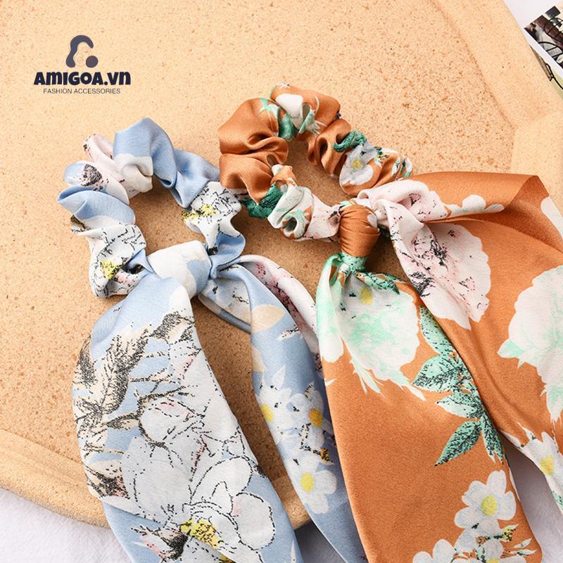 Dây Cột Tóc Cao Su Bản Lớn Thắt Nơ Tam Giác Thắt Dây In Họa Tiết Hoa Cổ Điển