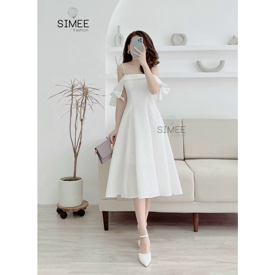 Đầm xòe tay nơ dễ thương ba màu trắng hồng đen có mút
