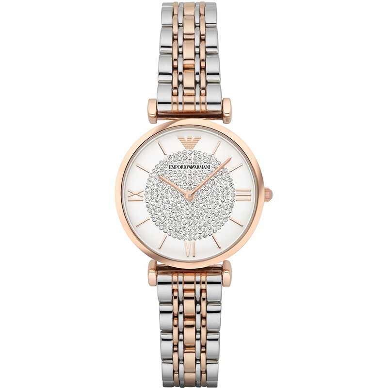 Đồng Hồ Đeo Tay Emporio Armani Đính Pha Lê Trắng Hai Tông Màu Phong Cách Retro Jam Tangan Wanita Perempuan AR1926