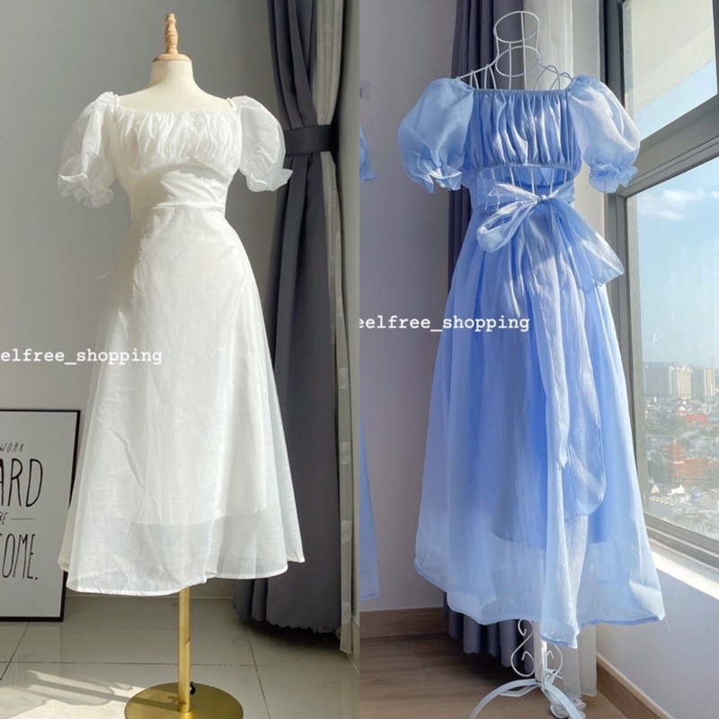 Đầm Xanh Cổ Vuông 2 Lớp Tay Phồng Ngắn Thắt Nơ Eo Mặc Đi Tiệc, Đi Chơi, Kỷ Yếu (Hình Thật) D028
