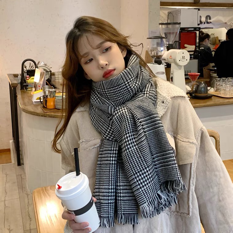 ~Rẻ nhất~ Khăn len Dongdaemun Hàn Quốc quàng cổ mùa đông ấm áp họa tiết kẻ đen ghi sọc phụ kiện đôi nam nữ