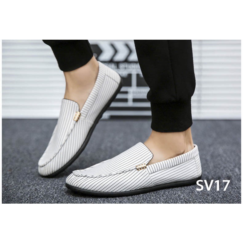 Giày Lười Nam Cao Cấp Kẻ Sọc Đen Màu Trắng SV17 [ GÍA HỦY DIỆT ] | BigBuy360 - bigbuy360.vn