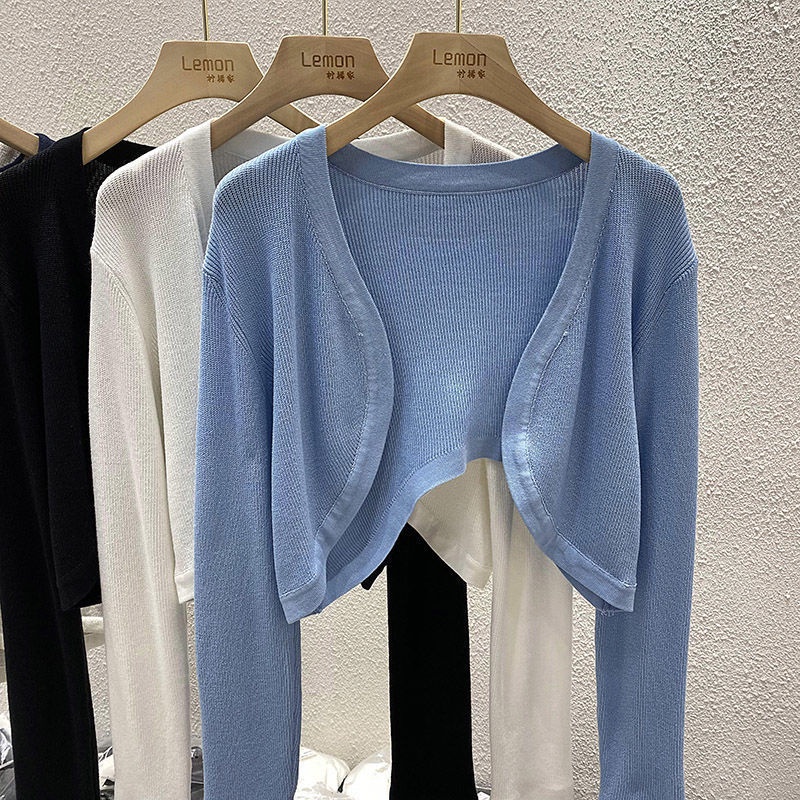 Áo Khoác Cardigan Dệt Kim Mỏng Màu Trắng / Đen Dáng Ngắn Chống Nắng Thời Trang Mùa Hè Cho Nữ