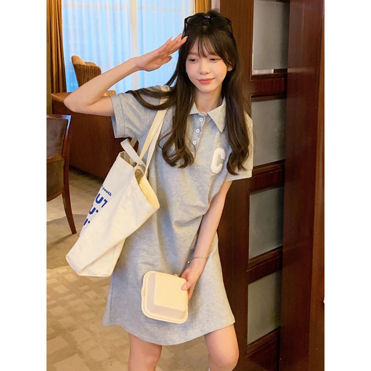 Jiashucheng Đầm Ngắn Tay Cổ polo Dáng Chữ A Phong Cách Preppy Thời Trang Mùa Hè Giản Dị Dành Cho Nữ