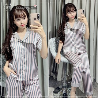 Đồ bộ pịama lụa tay ngắn quần dài (sọc trơn)