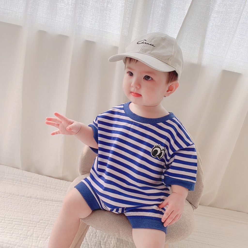Áo Liền Quần Tay Ngắn Họa Tiết Sọc Chất Liệu Cotton Dành Cho Bé Trai Và Bé Gái 0-24 Tháng Tuổi