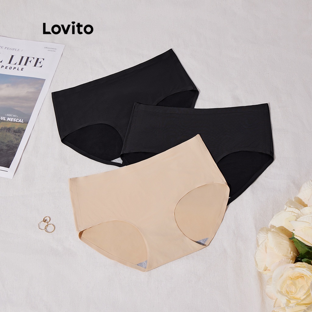 Quần lót Lovito Đồng bằng nâng hông Không có dấu hiệu Sexy L12062 (Đen / Da)