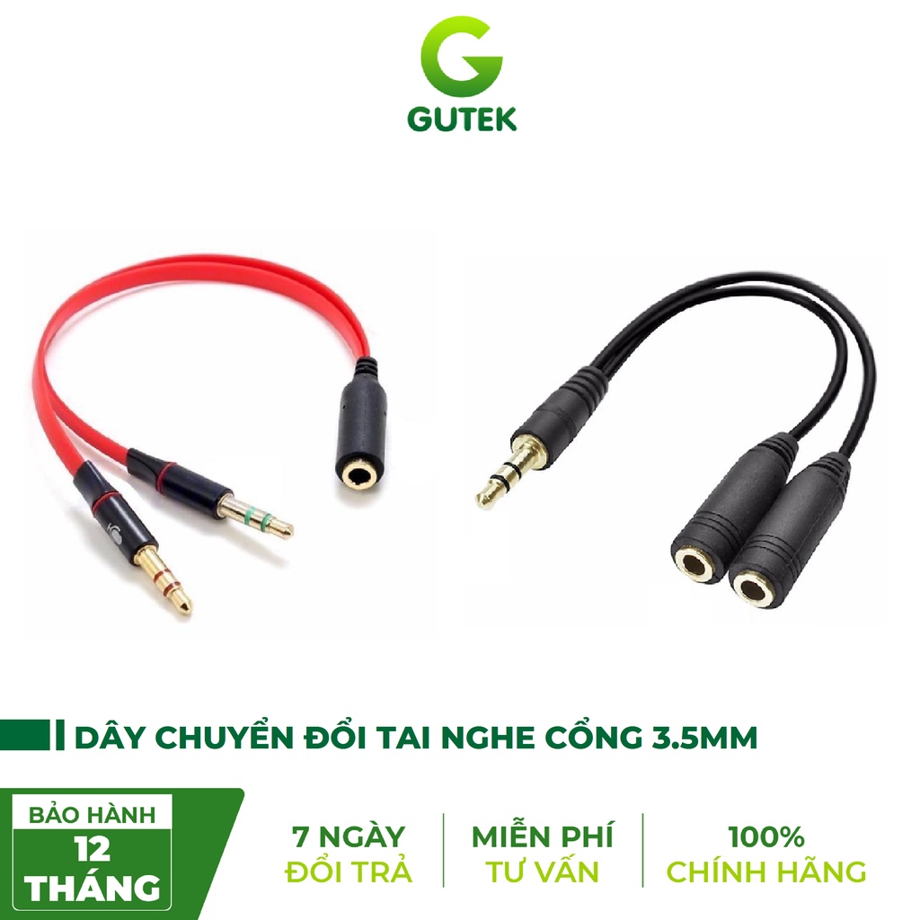 Dây chuyển đổi tai nghe 3.5mm sang 2 cổng 3.5mm cho âm thanh audio và mic Gutek J01