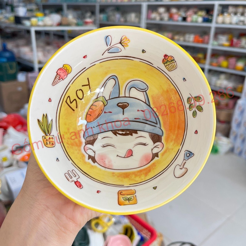 Bộ bát đĩa sứ,Chén Dĩa Sứ Bát Ăn Cơm Decor Bộ bát đĩa cậu bé 14 món xinh yêu màu vàng cho gia đình