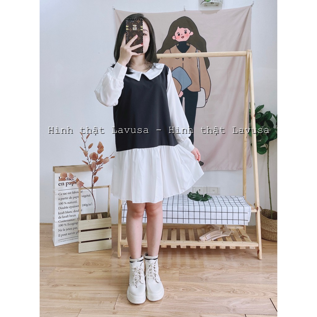 Đầm Babydoll Dài Tay Cổ Sen 🦋FREESHIP🦋 Váy Nữ Tay Bèo Đuôi Cá Phối Màu Đen Trắng LAVUSA