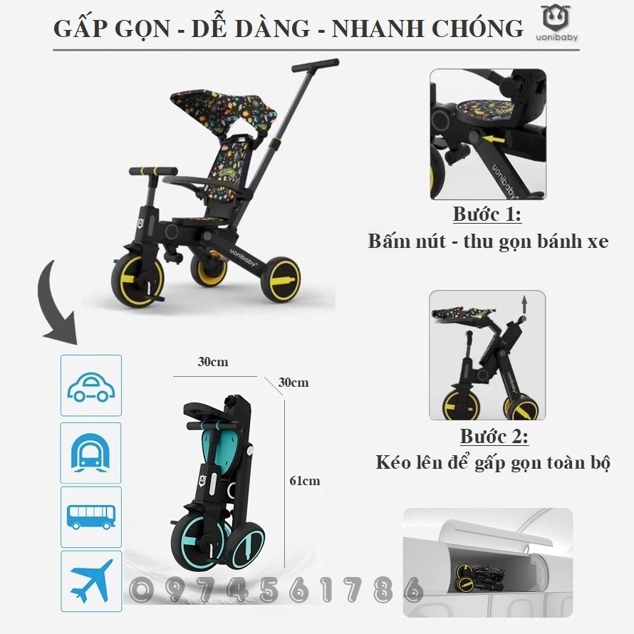 Xe Đẩy Cho Bé UoniBaby Kết Hợp Xe Đạp 3 Bánh - Gấp Gọn - Chính Hãng Nhập Khẩu Nguyên Chiếc