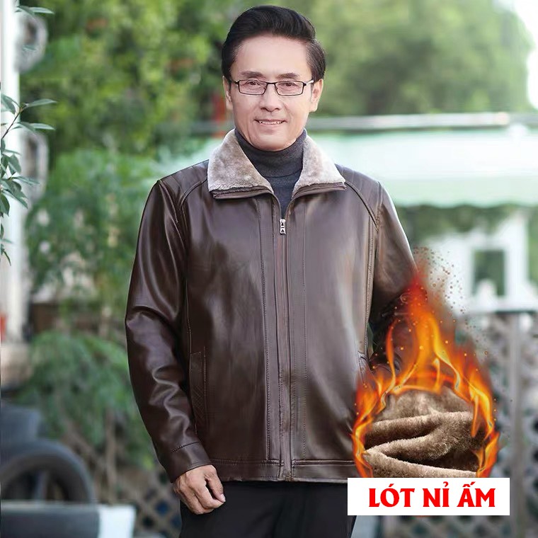 Áo khoác da nam có cổ lót nỉ dày ấm, áo trung niên cho bố