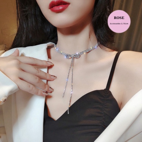 Vòng Cổ Đá, Choker Đính Đá Lấp Lánh Thắt Nơ Trước Điệu Đà Vòng Cổ ROSE VC119