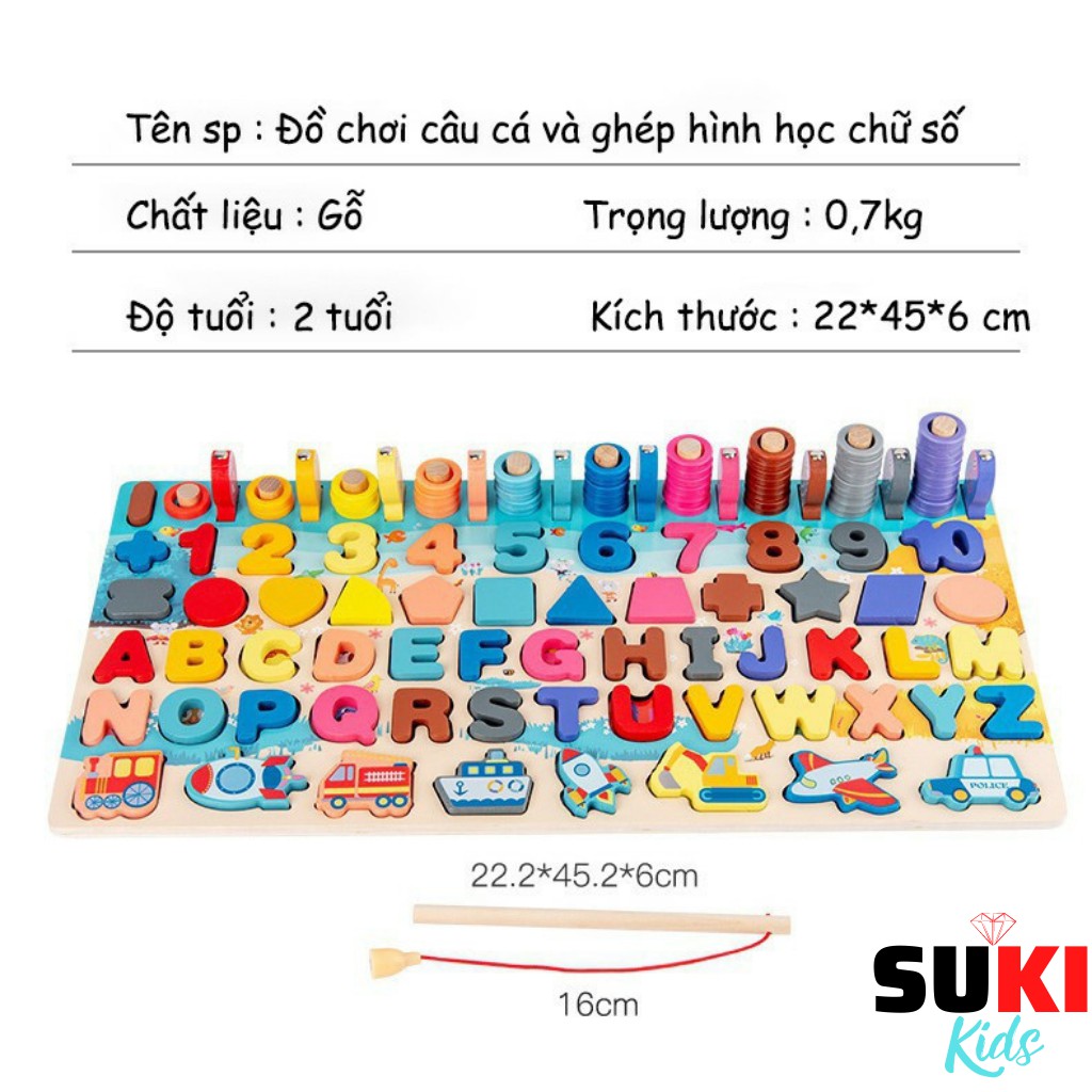 Bảng Chữ Cái Bằng Gỗ Cho Bé Bộ Đồ Chơi Thông Minh Giáo Dục Sớm Trẻ Em Xếp Hình Câu Cá Nam Châm 7 in 1 Suki Kids DC-BC145