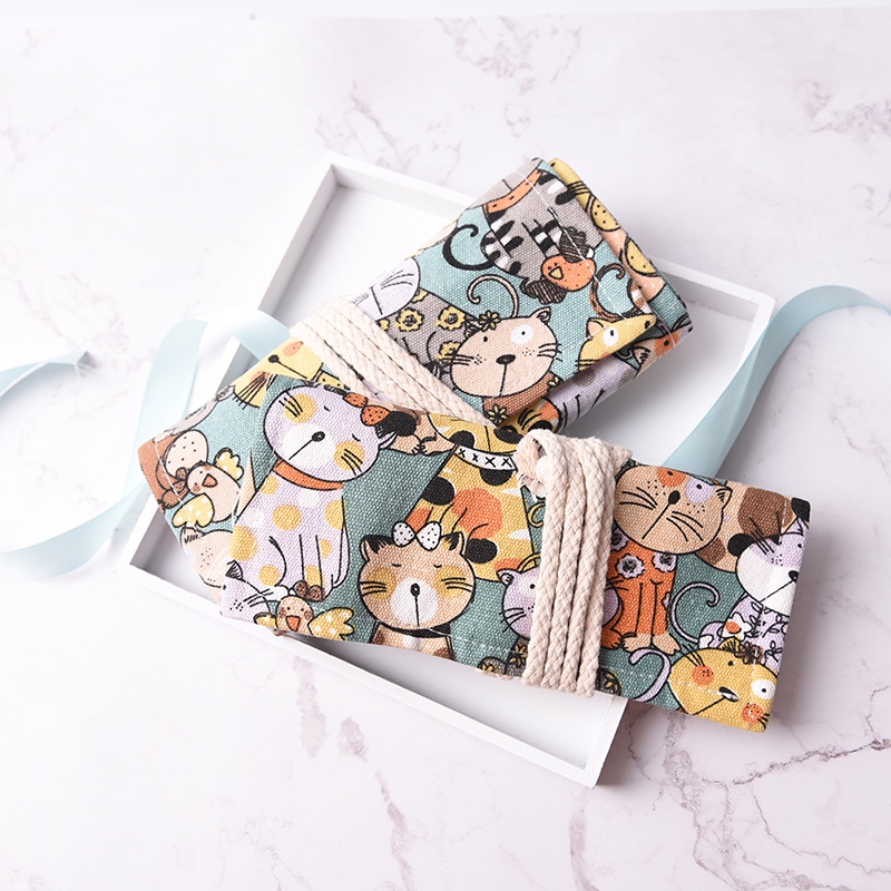 Cat Canvas Bag Holder Wrap Roll Up Stationery Pen Brushes Pencil Case Pouch