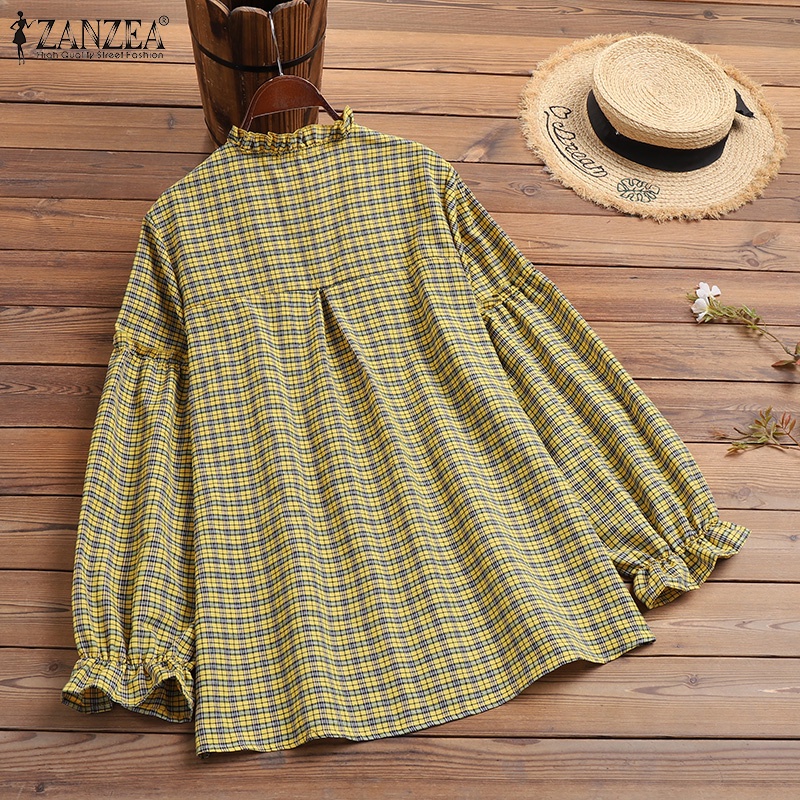 Áo sơ mi ZANZEA cổ tròn tay bèo họa tiết sọc caro thời trang dành cho bạn nữ