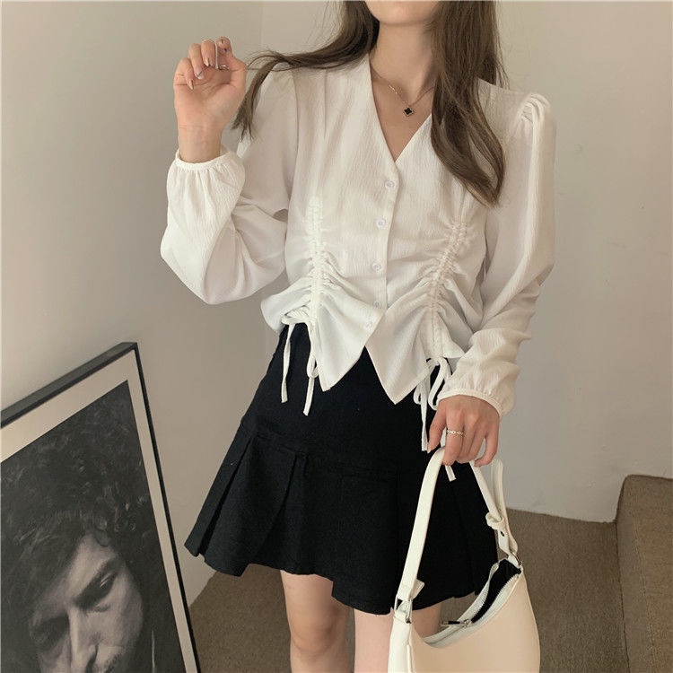 Hàng mới về Áo sơ mi tay dài phong cách retro Pháp thời trang mùa thu mới 2021 cho nữ