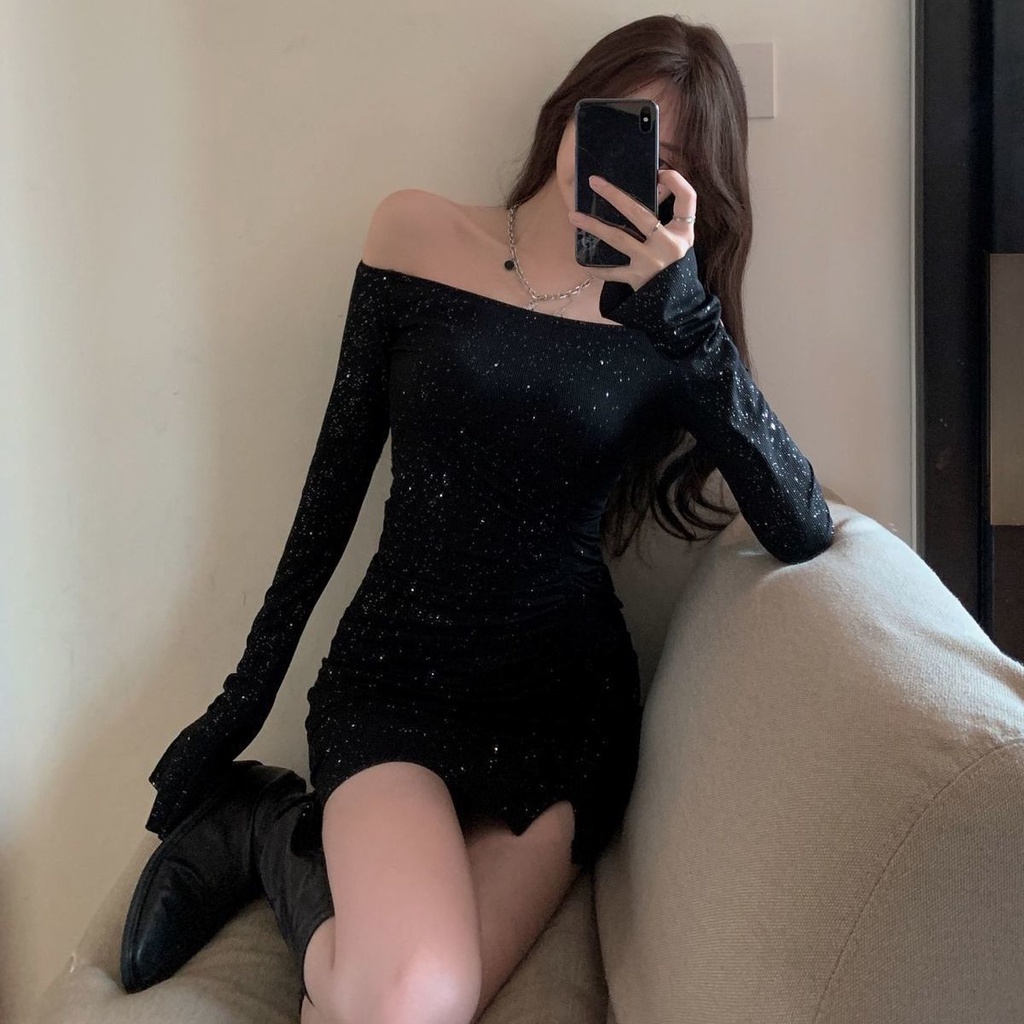 [MURIOKI] Đầm Ôm Trễ Vai Màu Đen Phong Cách Hàn Quốc Quyến Rũ Cho Nữ