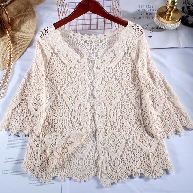 Set biển - set 3 món - bra vây cá mix ngọc + quần ren hoa sóng + choàng ren vỏ sò (có tách rời)