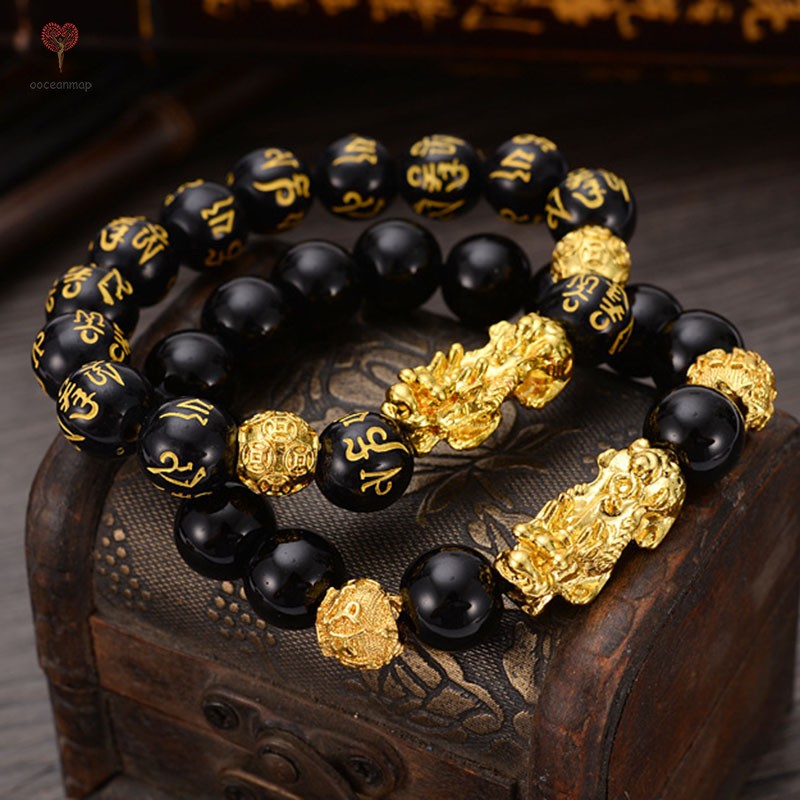 CHARMS Vòng Tay Chuỗi Hạt Đá Obsidian Màu Vàng Đồng Cho Nam