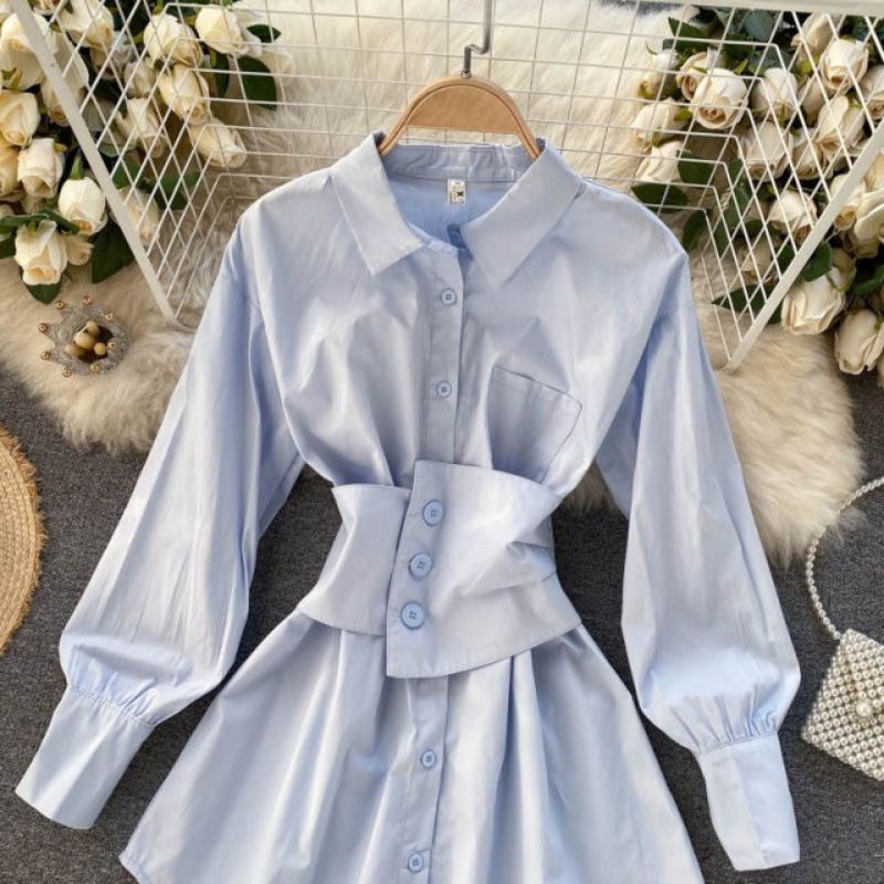 Áo sơmi form dài giấu quần  + Belt bó eo có chun sau lưng