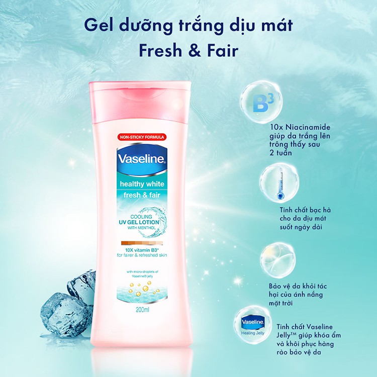 Gel dưỡng thể dịu mát trắng da Vaseline Healthy White Fresh&Fair Cooling UV Gel Lotion 350ml