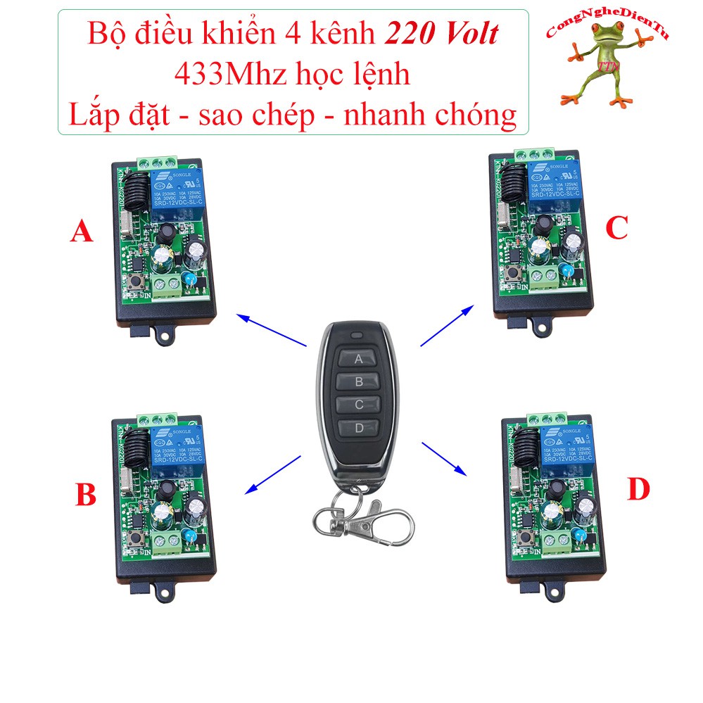 Bộ điều khiển từ xa RF 4 kênh -220 volt --- 1 remote ABCD+ 4 board 220v