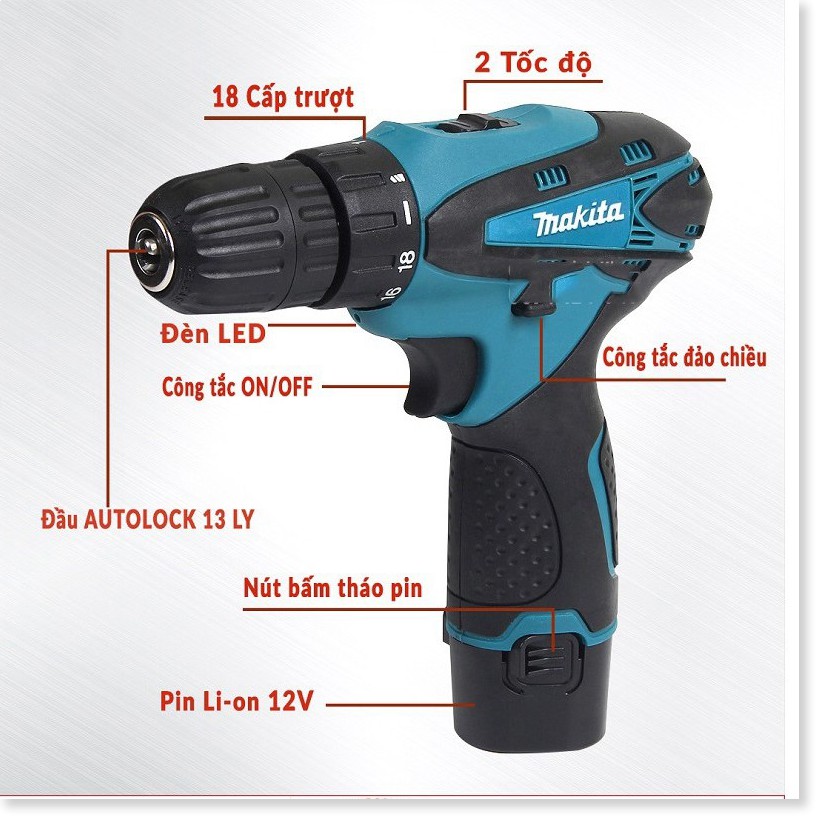 [Chính Hãng] Máy khoan pin makita 12V – KHOAN – BẮT VÍT – VẶN ỐC tặng kèm hộp 24 chi tiết