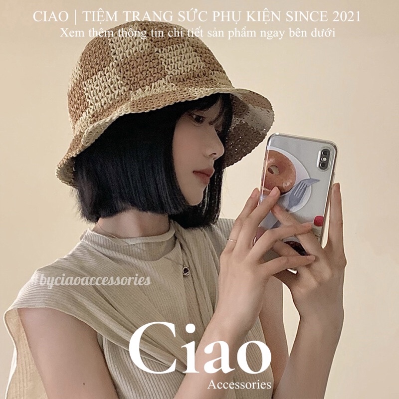 [HOẢ TỐC 1H] Nón/ Mũ tai bèo đan cói thiết kế hoạ tiết caro nữ tính mã 04 Ciao accessories