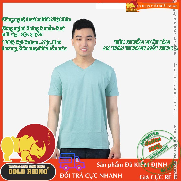 Áo Thun NAM Cao Cấp Màu Bạc Hà Hiệu GOLD RHINO Cổ Tim Ngắn Tay Form Unisex Ôm Đẹp- Áo Phông -Hàng Có Sẵn