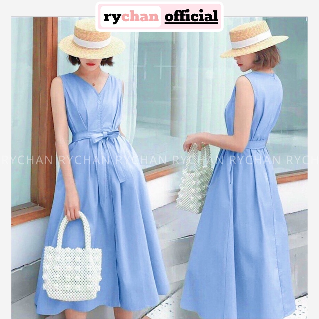 Đầm Nữ Công Sở Sang Chảnh Cổ V Thắt Eo Nút Trước Phong Cách Quý Cô Cực Ưa Chuộng Màu Kem Vàng Xanh - DX9935