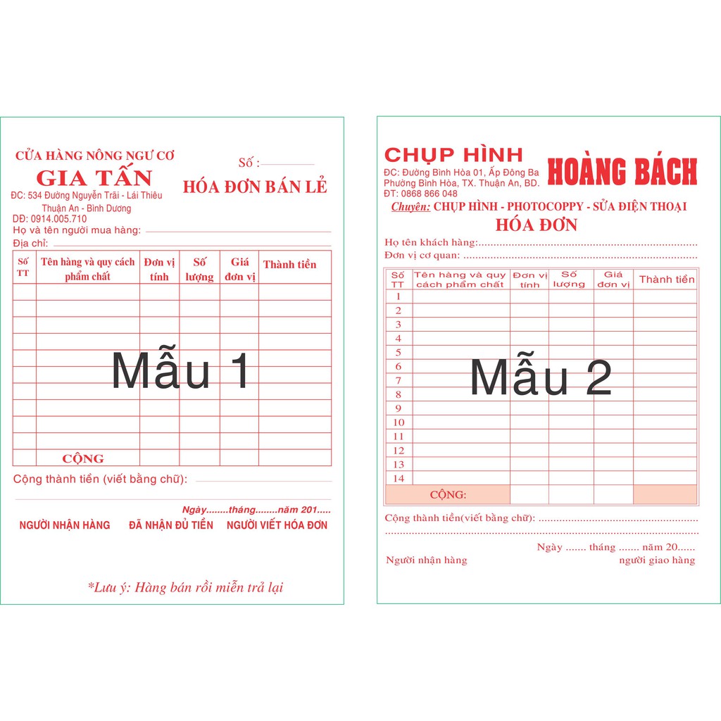 Hóa Đơn bán hàng 10cuốn  (In theo yêu cầu)