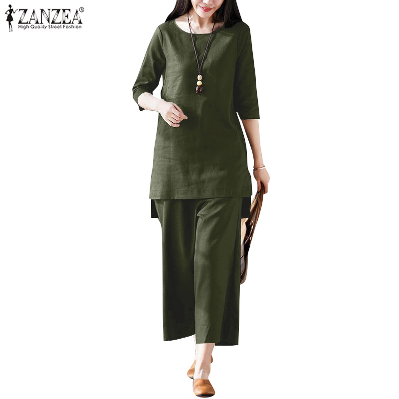 Zanzea Set Áo Thun Ngắn Tay Cổ Tròn + Chân Váy Xẻ Tà Thời Trang Nữ