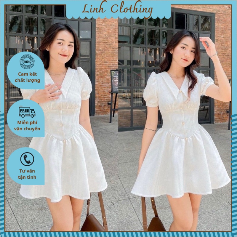 Đầm Trắng Tay Bồng Tiểu Thư, Cổ Nhọn Đính Cúc Ngọc Dáng Xoè, Chất Xốp Phồng Siêu Xinh