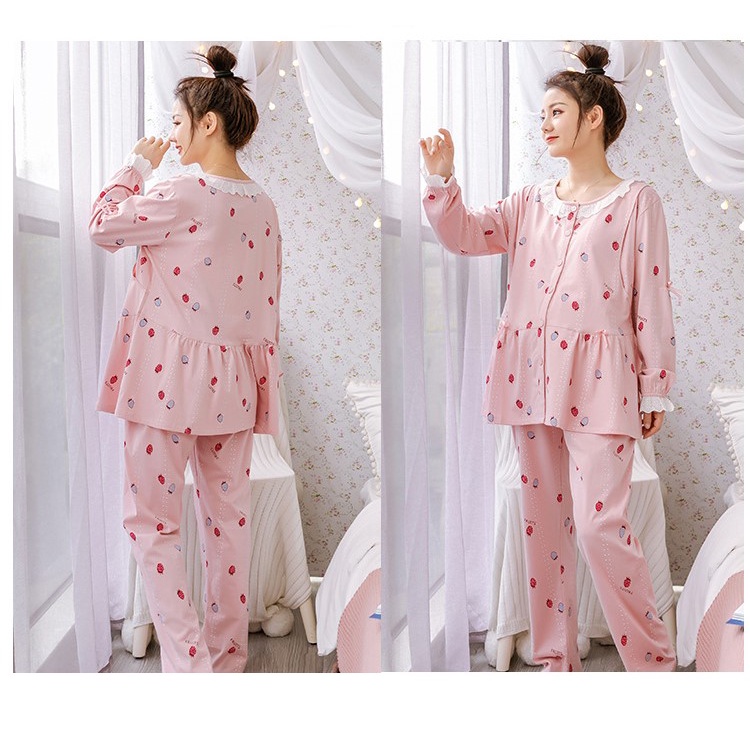 Bộ bầu - sau sinh mặc nhà - cho con bú - 2 chức năng - chất liệu cotton ( Qủa dâu chấm sọc - Dài )