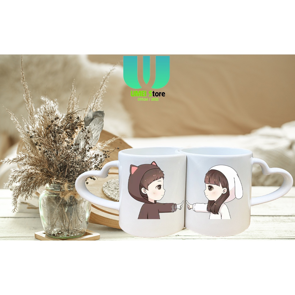 Cốc Đôi Sứ Trái Tim In Hình Cặp Đôi Cute Dễ Thương Làm Quà Sinh Nhật Quà Cưới