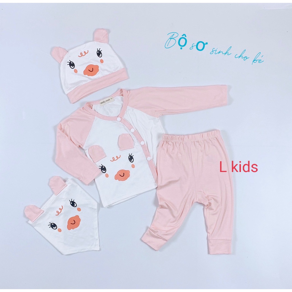 [Bé 6-13kg] Bộ dài tay sơ sinh kèm nón và khăn THUN LẠNH MINKY MOM Quần Đắp Đũng, Nút Cài Chéo, cho bé trai bé gái