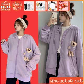 Áo Khoác Hoodie Nỉ Nữ Ulzzang Kèm Gấu Bông Form Rộng Siêu Cute HIPHOP STREETWEAR