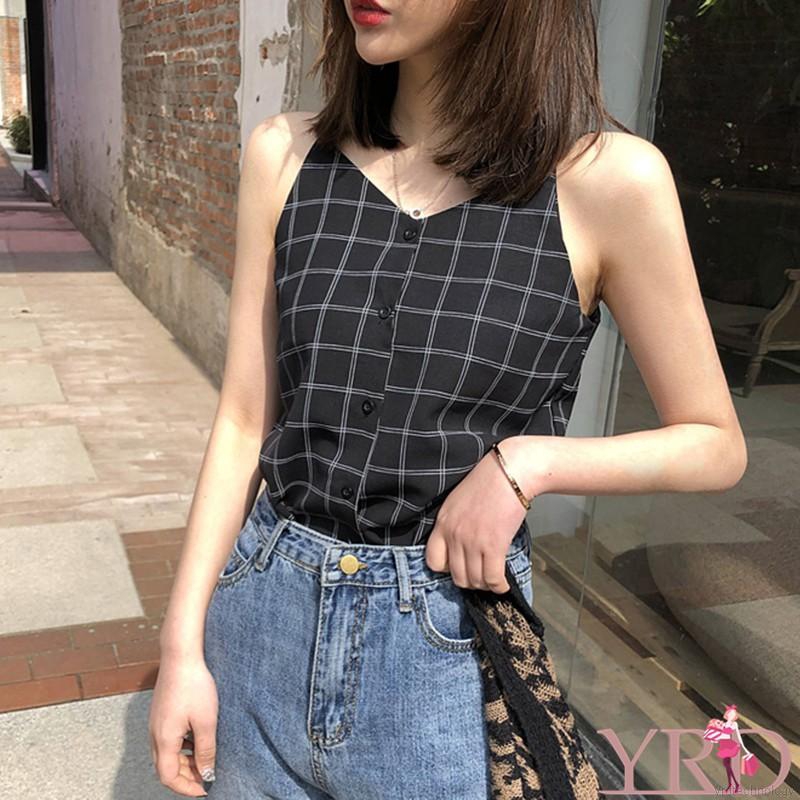 Áo chiffon nữ không tay cổ chữ V họa tiết caro thời trang Hàn Quốc | BigBuy360 - bigbuy360.vn