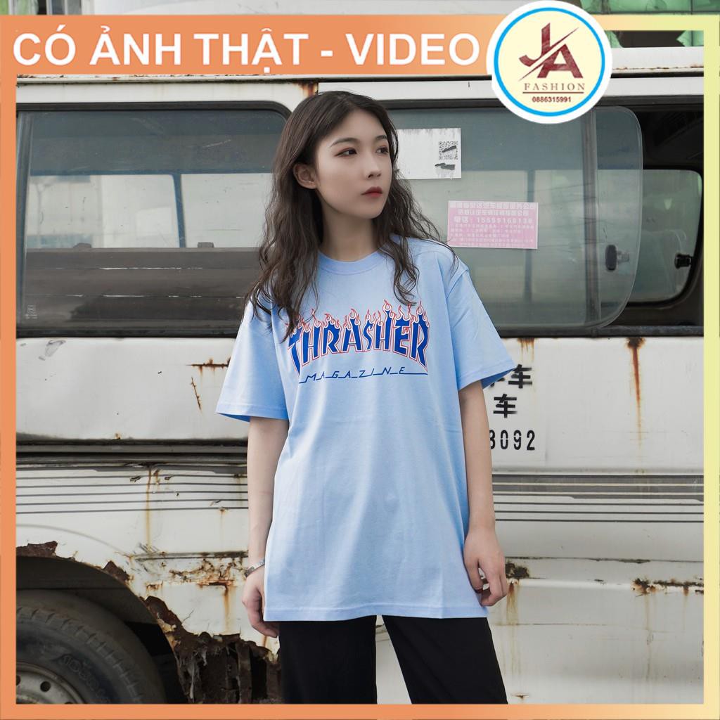Áo thun unisex tay lỡ form rộng THRA lửa xanh - áo phông nam nữ hàn quốc JASHOP