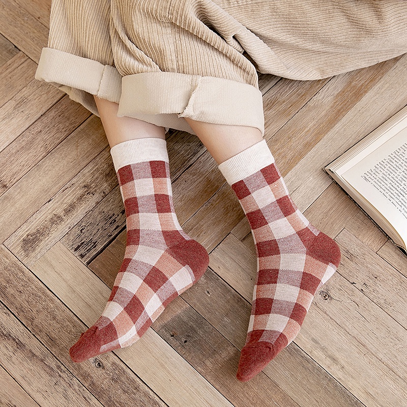 Mix Colour Plaid Women Loose Socks New Trend Cotton Casual Breathable Female Crew Socks College Style Stretch Girls Hosiery