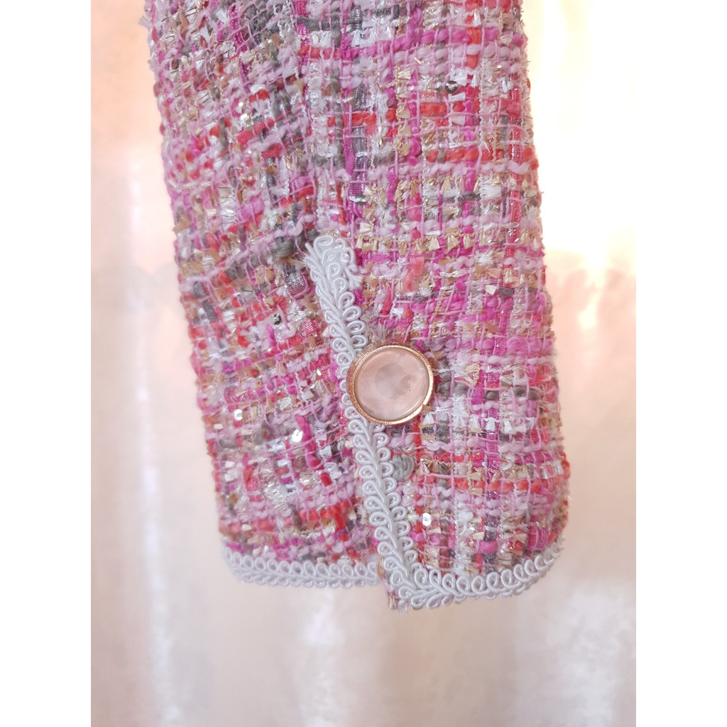 Set áo khoác ngắn vải tweed phối váy ngắn tua rua (có hình thật)