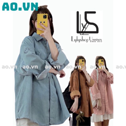 Áo sơ mi nhung tăm nữ Unisex AS03, kiểu áo sơ mi nữ oversize form rộng thêu hình mặt cười chất vải nhung tăm dày dặn ao.