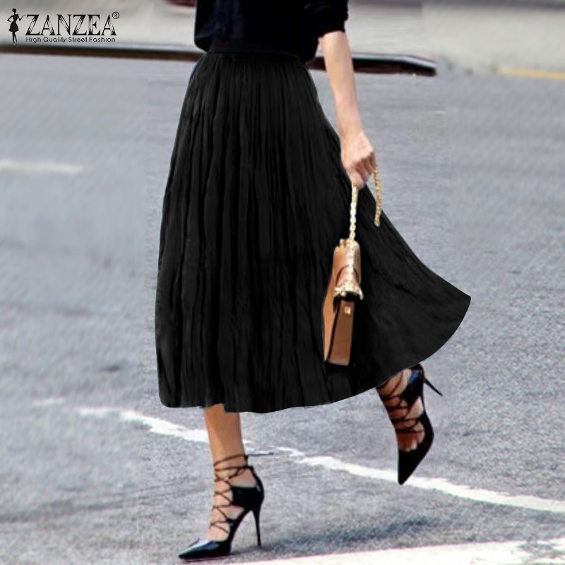 Chân váy trơn ZANZEA lưng thun không túi thời trang thanh lịch dành cho nữ