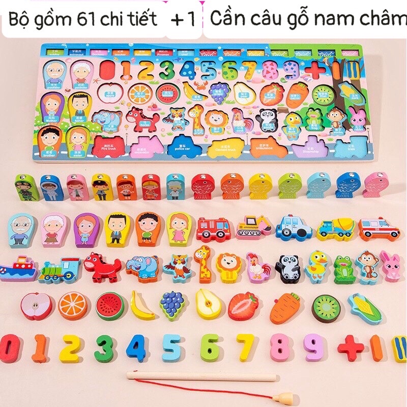 🐳🐳 Bộ Đồ Chơi Gỗ Câu Cá Và Ghép Hình 5in1🌹- Bộ Bảng Số Thông Minh Bằng Gỗ 63 Chi Tiết Cho Bé