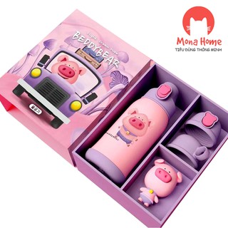 Bình giữ nhiệt Beddy Bear cho bé, Bình nước giữ nhiệt cao cấp 3 nắp hình Con Heo đáng yêu cho bé