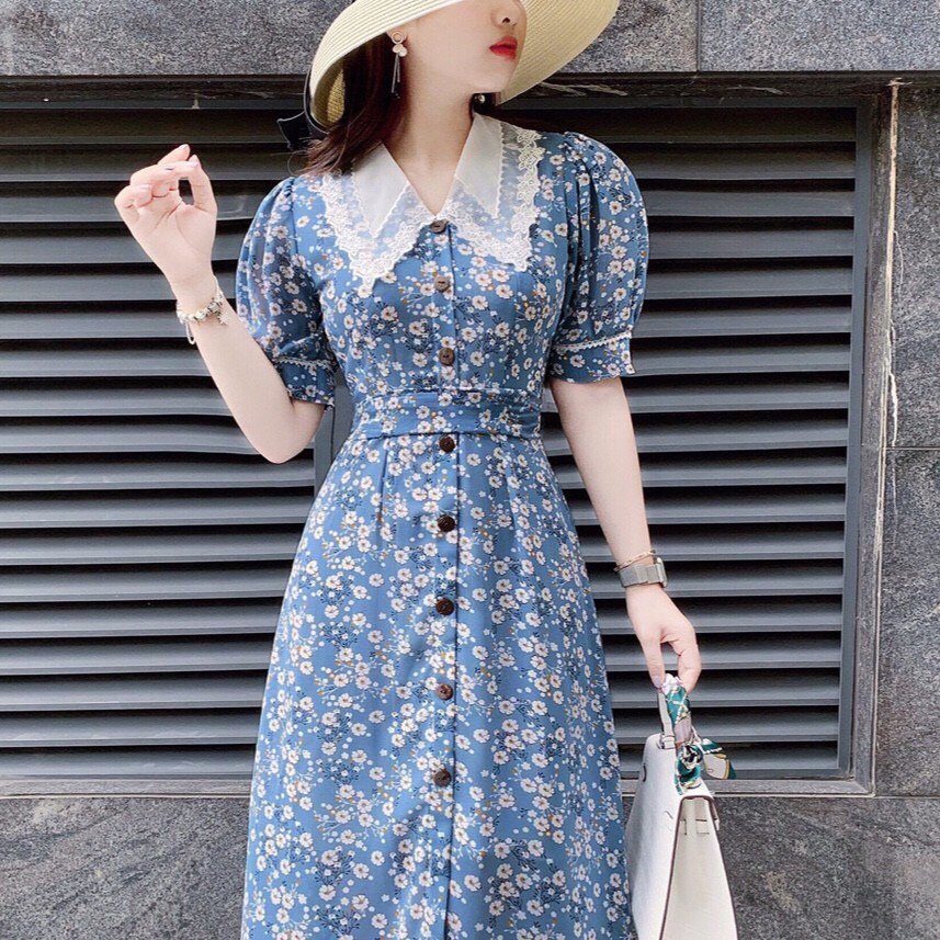 Đầm Hoa Công Sở Akara’s DT227 Cổ Phối Ren Tay Phồng Sang Trọng Full 5 Size | BigBuy360 - bigbuy360.vn