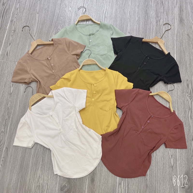 Áo thun body vạt bầu TAY NGẮN cổ V phối túi