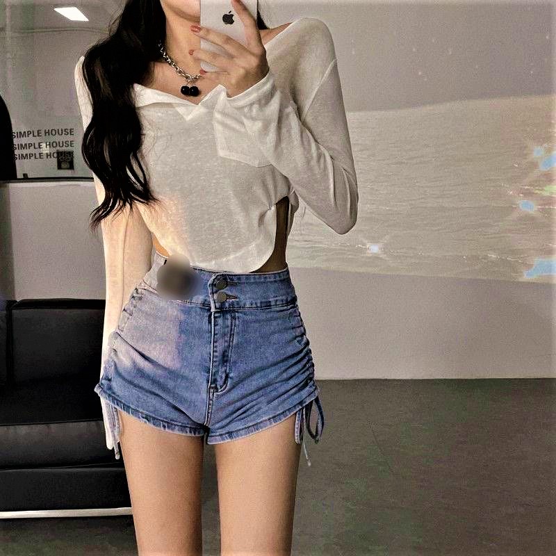 Quần shorts Jeans nữ kiểu rút dây 2 bên đùi cá tính