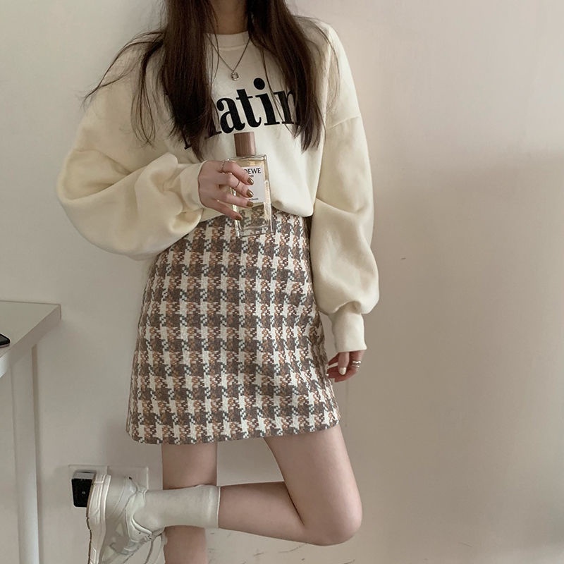 Set áo hoodie dài tay và chân váy tweed họa tiết sọc caro kiểu Hàn trẻ trung (có bán lẻ)
